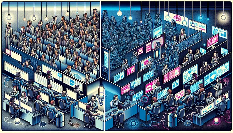 Illustration of a traditional call center with phone operators