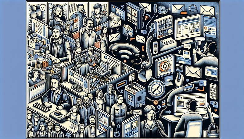 Illustration of various customer service channels including digital platforms and traditional methods